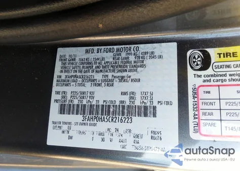 2012 Ford Fusion Se z USA, uszkodzony, nr VIN 3FAHP0HA5CR216223